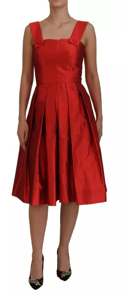 Dolce & Gabbana Red A-line Pleated Midi Satin Silk Women's Dress