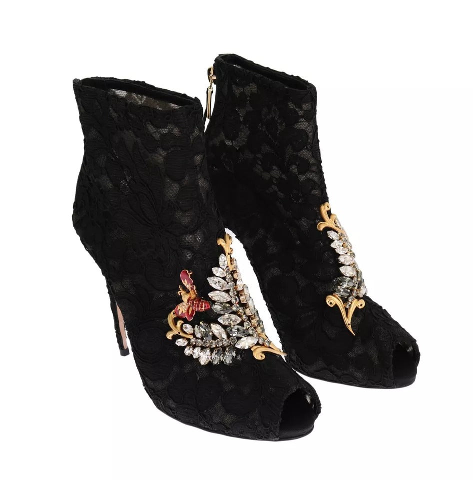 Dolce & Gabbana Black Crystal Lace Booties Stilettos Women's Shoes (Pre-Owned)