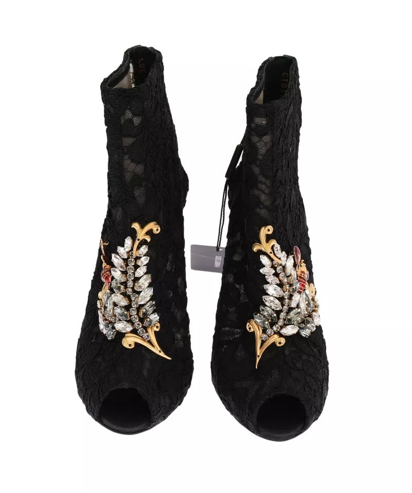 Dolce & Gabbana Black Crystal Lace Booties Stilettos Women's Shoes (Pre-Owned)