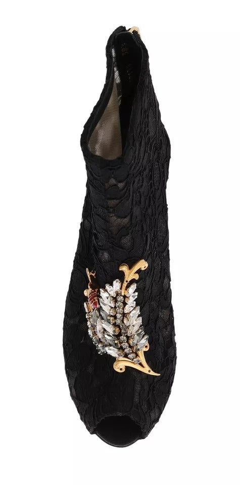 Dolce & Gabbana Black Crystal Lace Booties Stilettos Women's Shoes (Pre-Owned)