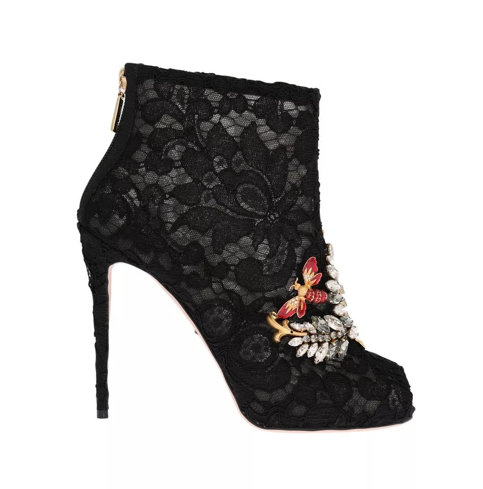Dolce & Gabbana Black Crystal Lace Booties Stilettos Women's Shoes (Pre-Owned)