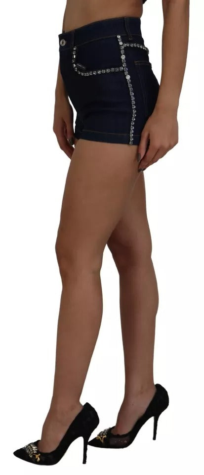 Dolce & Gabbana Blue Denim Stretch Crystal Hot Pants Women's Shorts (Pre-Owned)
