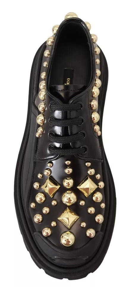 Dolce & Gabbana Black Leather Trekking Derby Embellished Women's Shoes