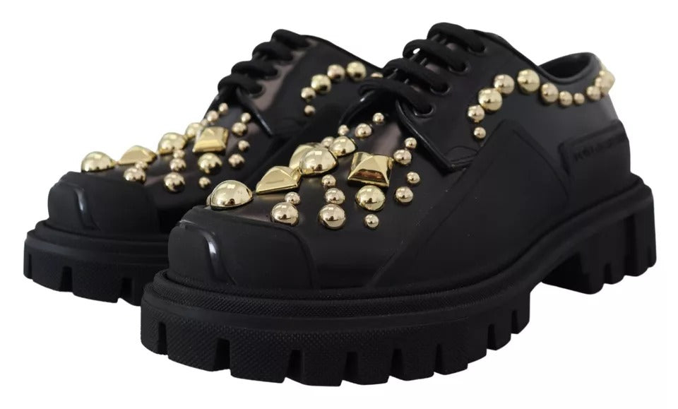 Dolce & Gabbana Black Leather Trekking Derby Embellished Women's Shoes