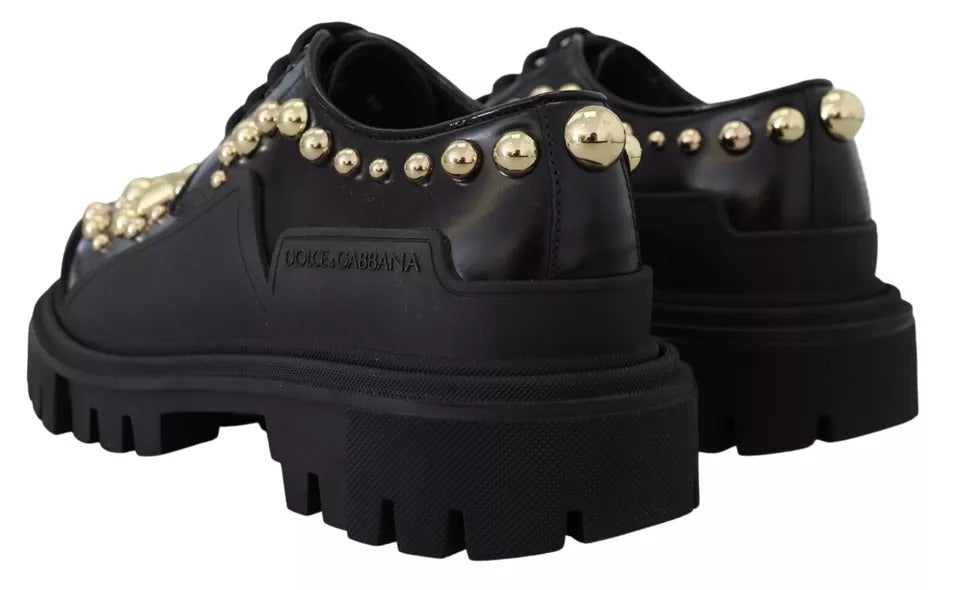 Dolce & Gabbana Black Leather Trekking Derby Embellished Women's Shoes