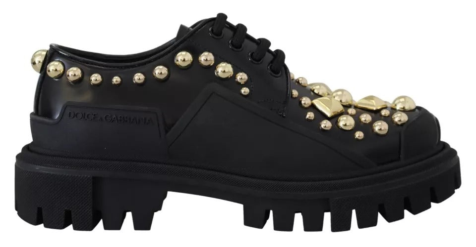 Dolce & Gabbana Black Leather Trekking Derby Embellished Women's Shoes