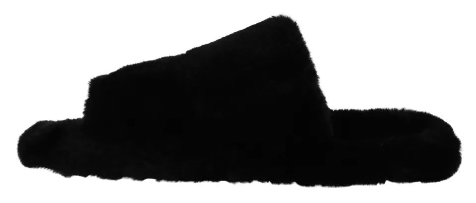 Dolce & Gabbana Black Polyester Faux Fur Mens Flats Sandals Men's Shoes