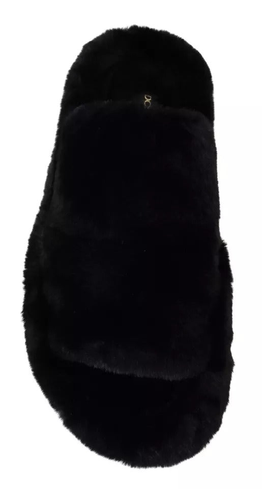 Dolce & Gabbana Black Polyester Faux Fur Mens Flats Sandals Men's Shoes