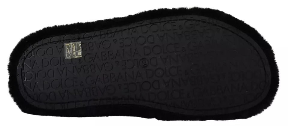 Dolce & Gabbana Black Polyester Faux Fur Mens Flats Sandals Men's Shoes