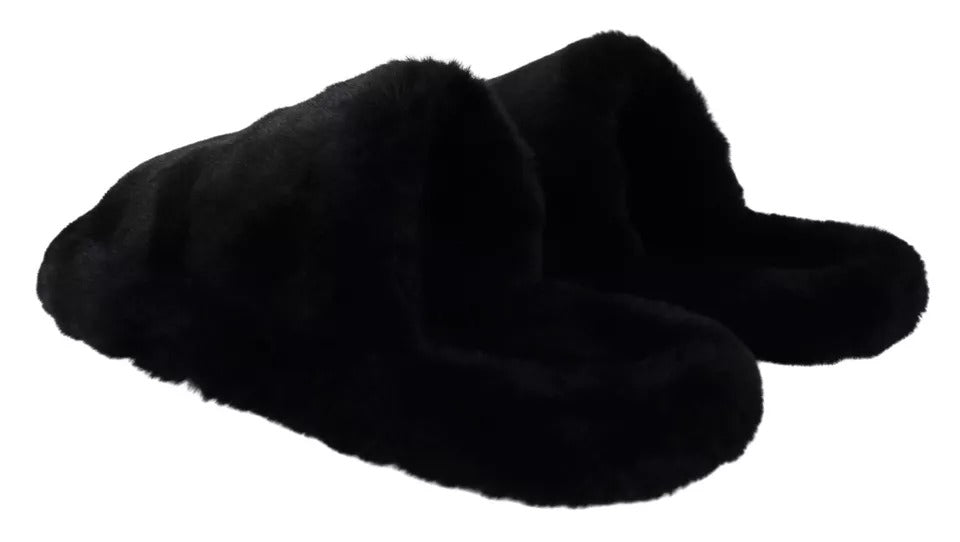 Dolce & Gabbana Black Polyester Faux Fur Mens Flats Sandals Men's Shoes