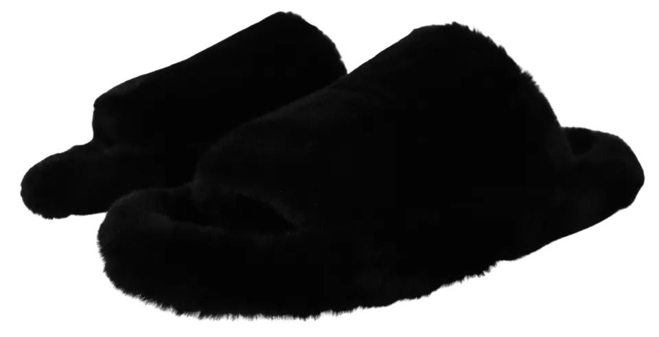 Dolce & Gabbana Black Polyester Faux Fur Mens Flats Sandals Men's Shoes