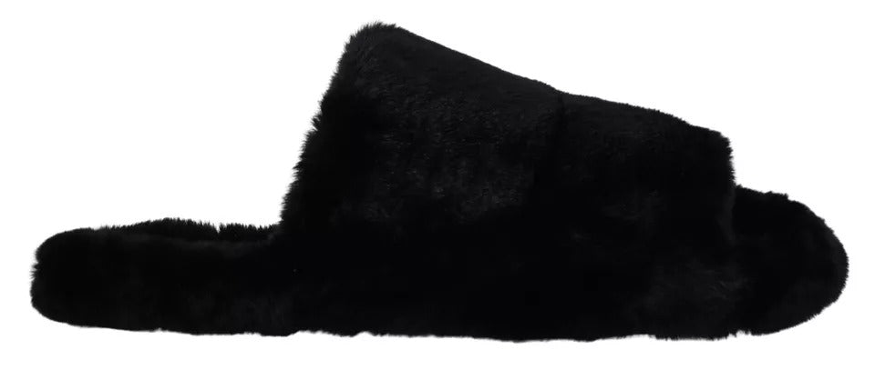 Dolce & Gabbana Black Polyester Faux Fur Mens Flats Sandals Men's Shoes