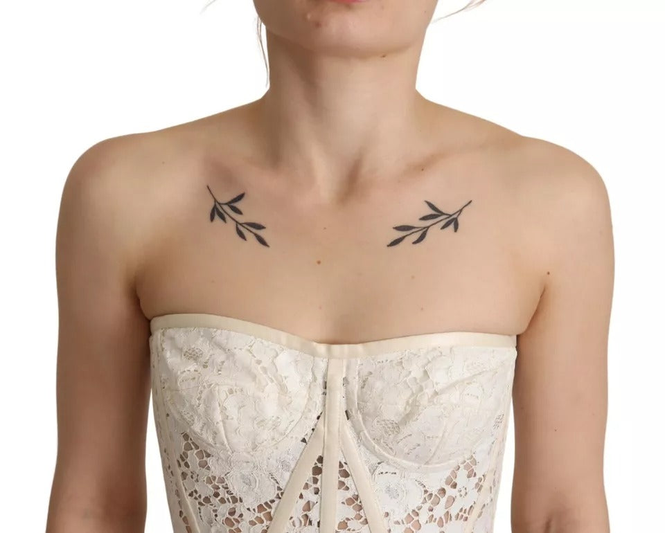 Dolce & Gabbana White Strapless Floral Lace Cropped Bustier Women's Top (Pre-Owned)