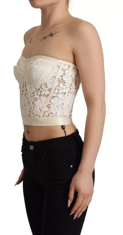 Dolce & Gabbana White Strapless Floral Lace Cropped Bustier Women's Top (Pre-Owned)