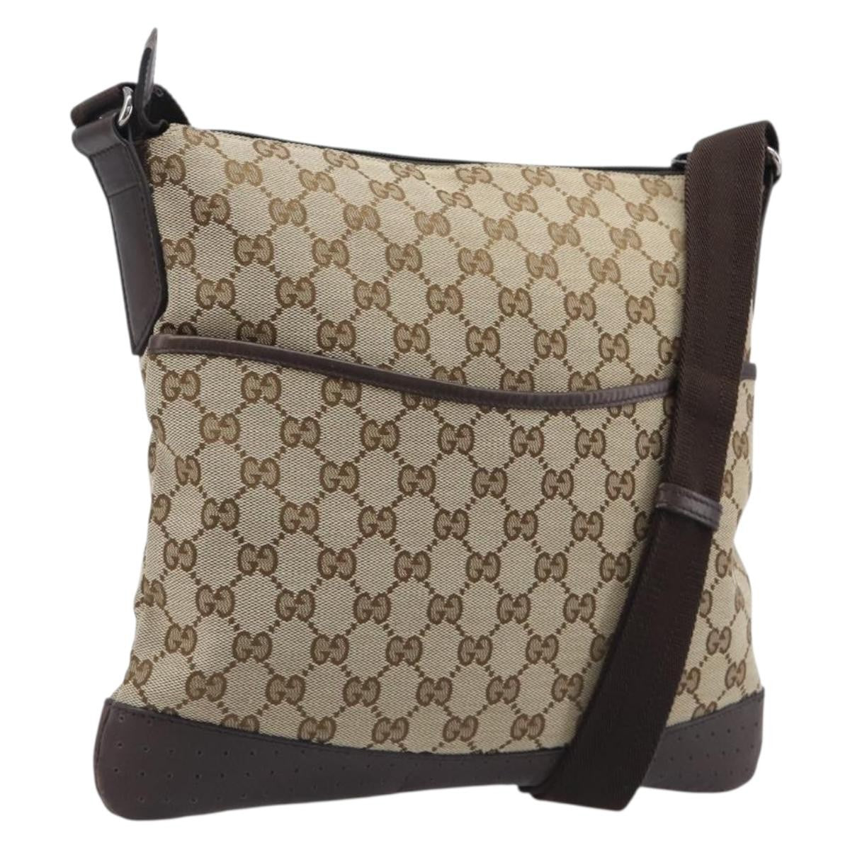 Gucci Zip Messenger Gg Canvas With Perforated Leather Beige Canvas Handbag (Pre-Owned)