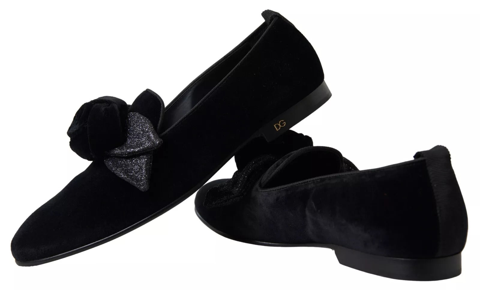 Dolce & Gabbana Black Velvet Flats Bow Young Queen Women's Shoes (Pre-Owned)