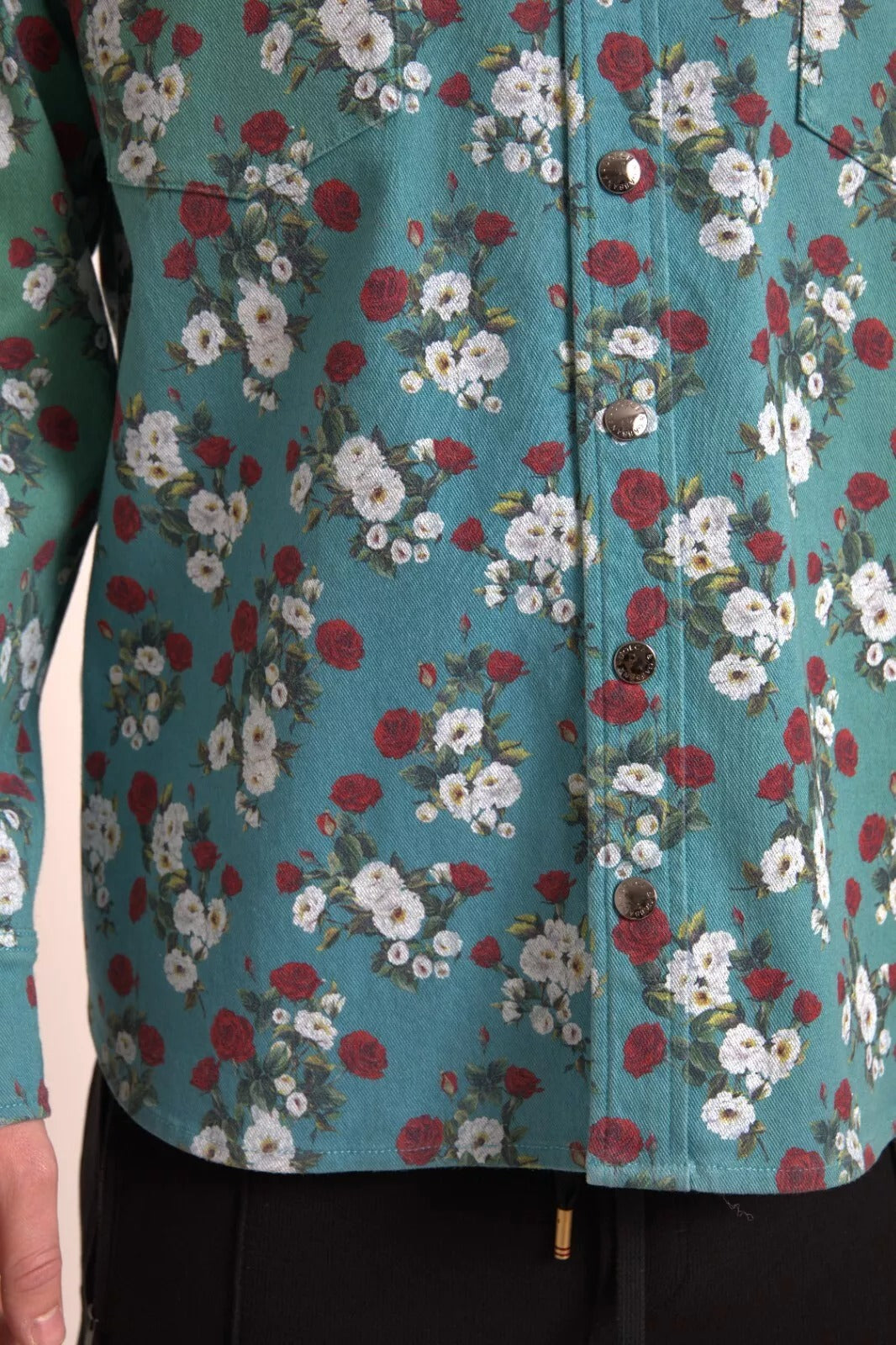 Dolce & Gabbana Blue Floral Cotton Button Down Denim Men's Shirt