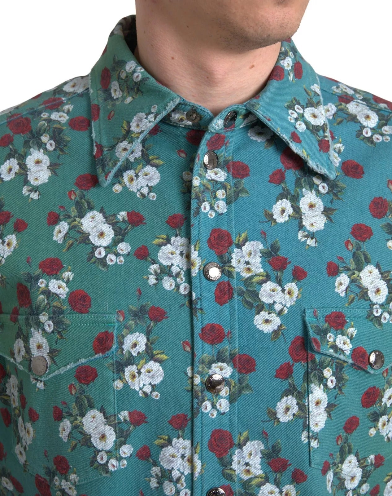 Dolce & Gabbana Blue Floral Cotton Button Down Denim Men's Shirt