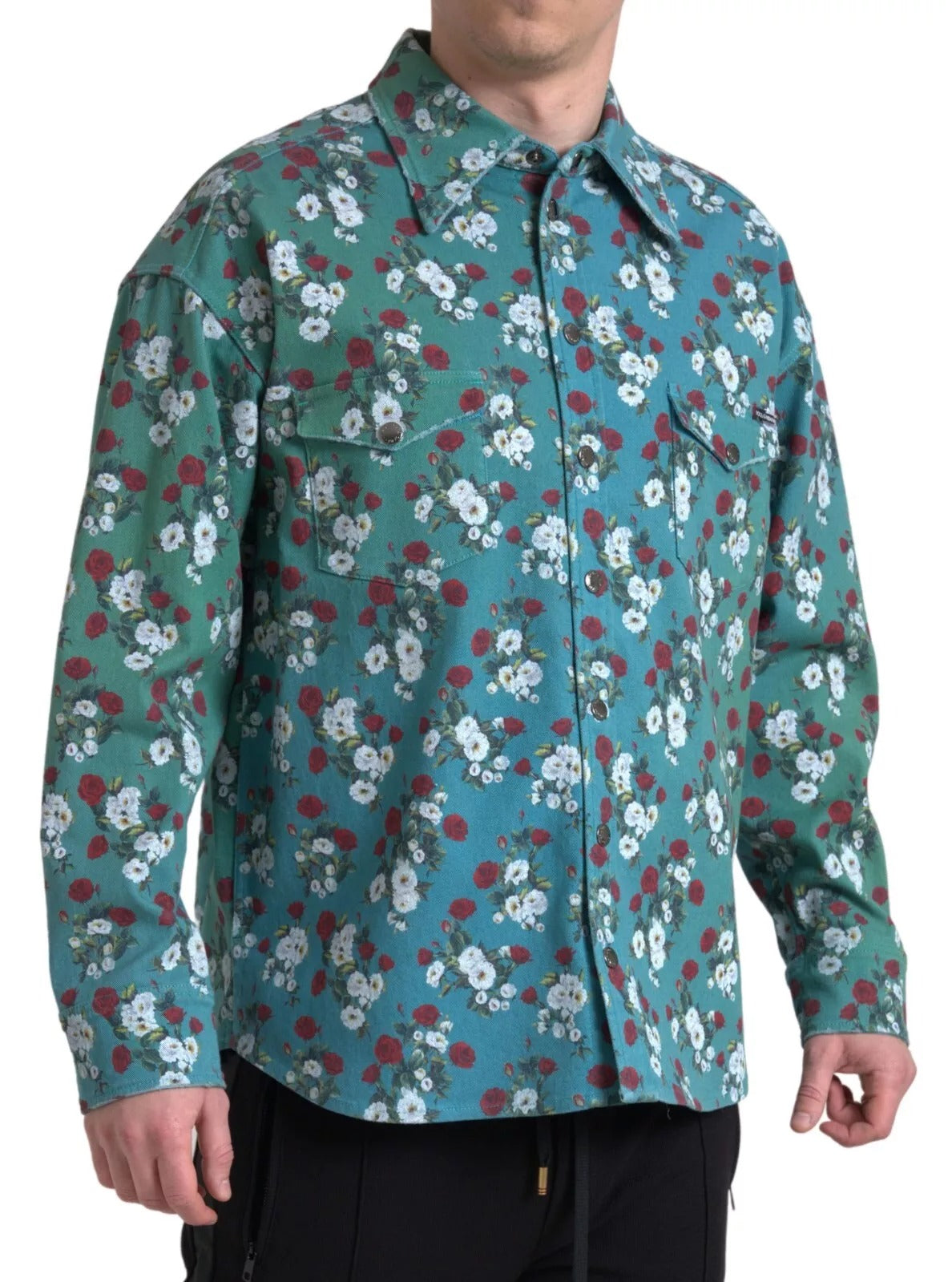 Dolce & Gabbana Blue Floral Cotton Button Down Denim Men's Shirt
