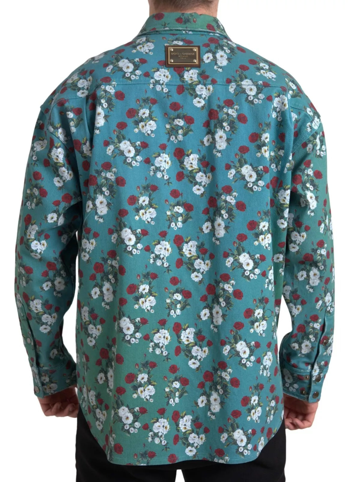 Dolce & Gabbana Blue Floral Cotton Button Down Denim Men's Shirt