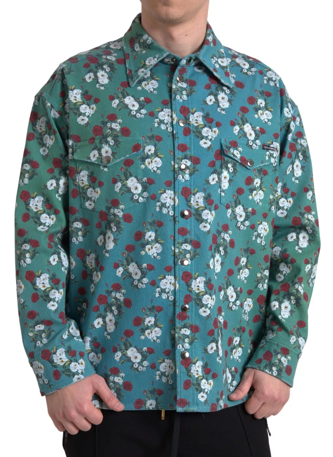 Dolce & Gabbana Blue Floral Cotton Button Down Denim Men's Shirt