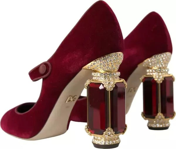 Dolce & Gabbana Red Velvet Gold Crystals Heels Mary Janes Women's Shoes (Pre-Owned)