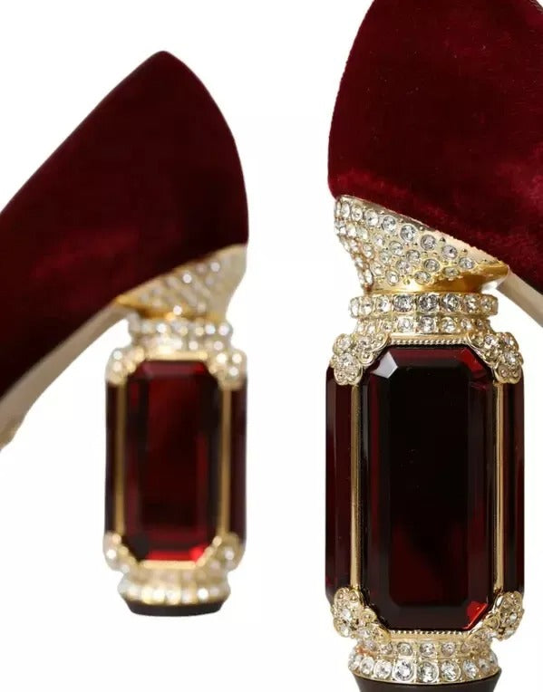 Dolce & Gabbana Red Velvet Gold Crystals Heels Mary Janes Women's Shoes (Pre-Owned)