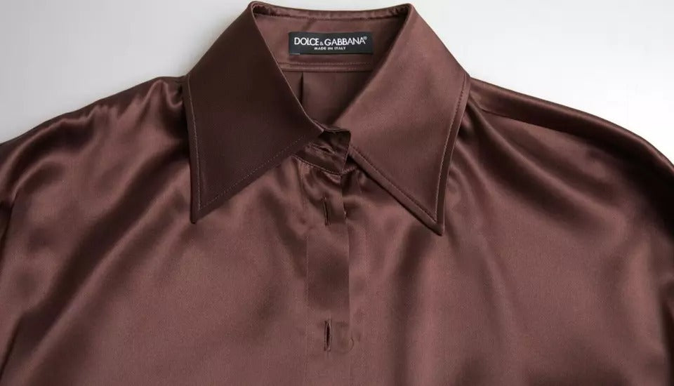 Dolce & Gabbana Brown Silk Collared Long Sleeves Top Women's Blouse (Pre-Owned)