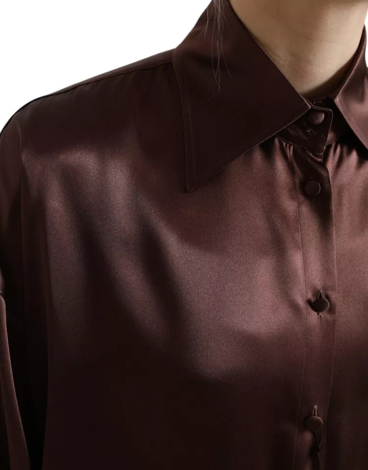 Dolce & Gabbana Brown Silk Collared Long Sleeves Top Women's Blouse (Pre-Owned)