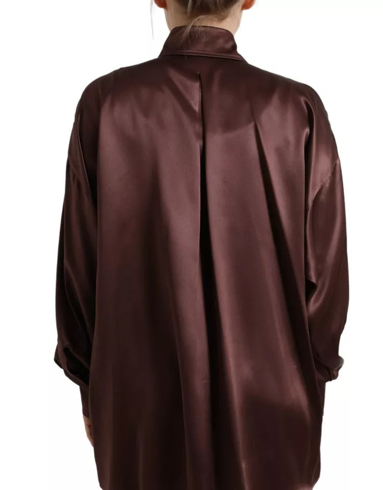 Dolce & Gabbana Brown Silk Collared Long Sleeves Top Women's Blouse (Pre-Owned)