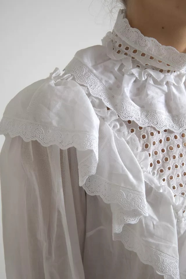 Dolce & Gabbana White Cotton Lace Trim Turtle Neck Women's Blouse (Pre-Owned)