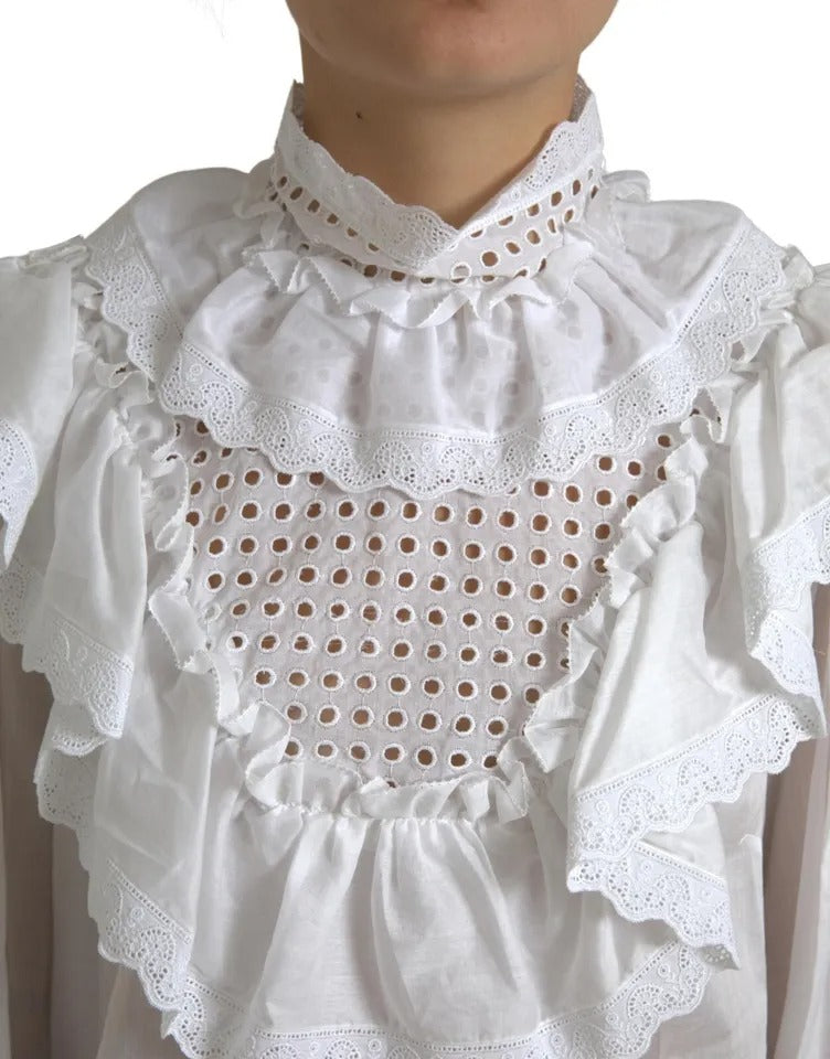 Dolce & Gabbana White Cotton Lace Trim Turtle Neck Women's Blouse (Pre-Owned)