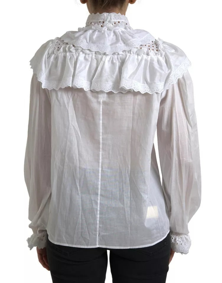 Dolce & Gabbana White Cotton Lace Trim Turtle Neck Women's Blouse (Pre-Owned)