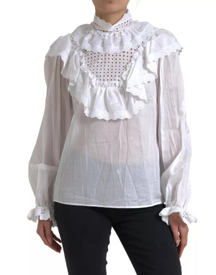 Dolce & Gabbana White Cotton Lace Trim Turtle Neck Women's Blouse (Pre-Owned)