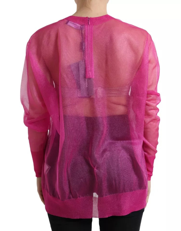 Dolce & Gabbana Pink Sheer Long Sleeves Crewneck Top Women's Blouse (Pre-Owned)