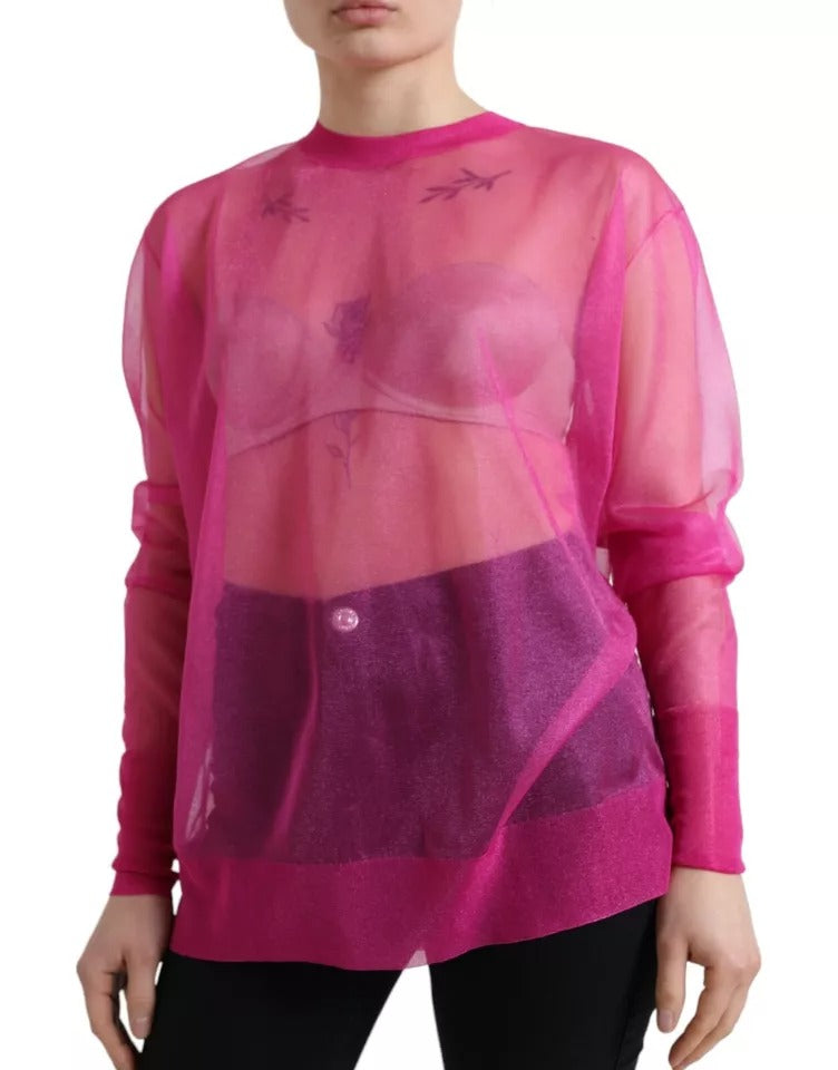 Dolce & Gabbana Pink Sheer Long Sleeves Crewneck Top Women's Blouse (Pre-Owned)