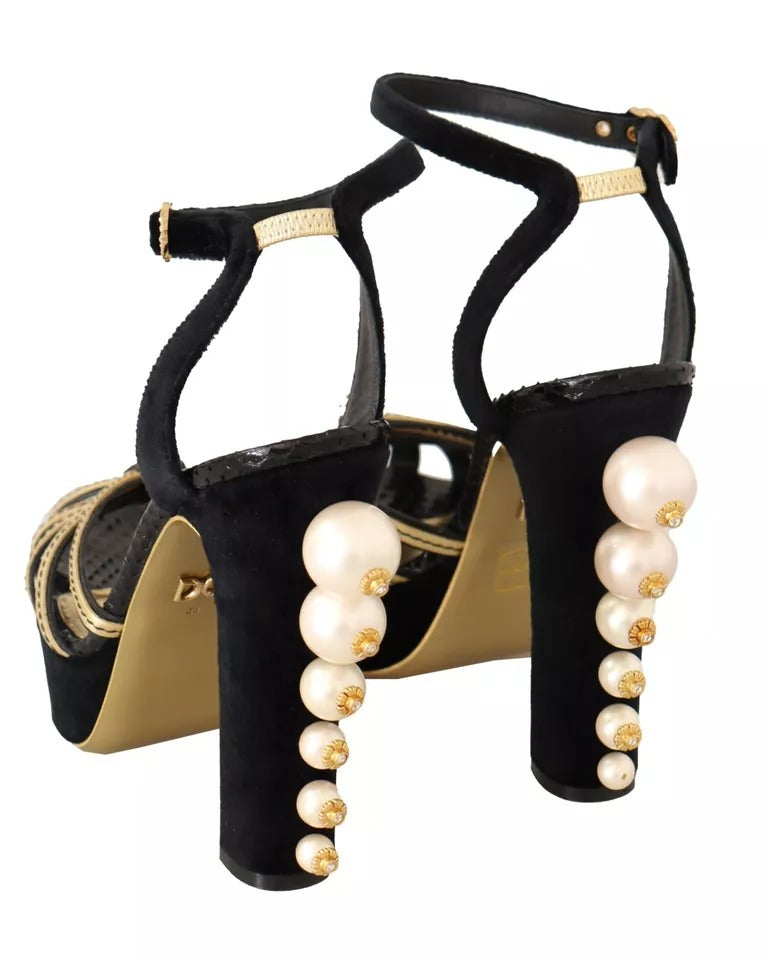 Dolce & Gabbana Black Gold Bianca Faux Pearl Women's Sandals (Pre-Owned)