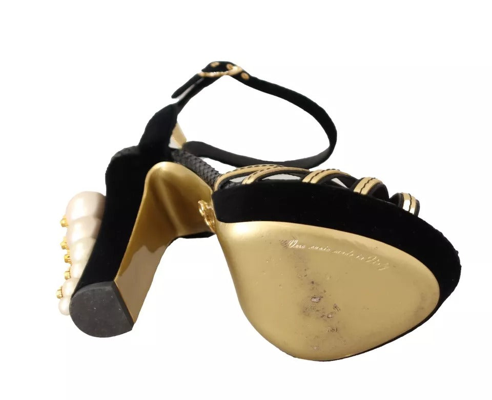 Dolce & Gabbana Black Gold Bianca Faux Pearl Women's Sandals (Pre-Owned)