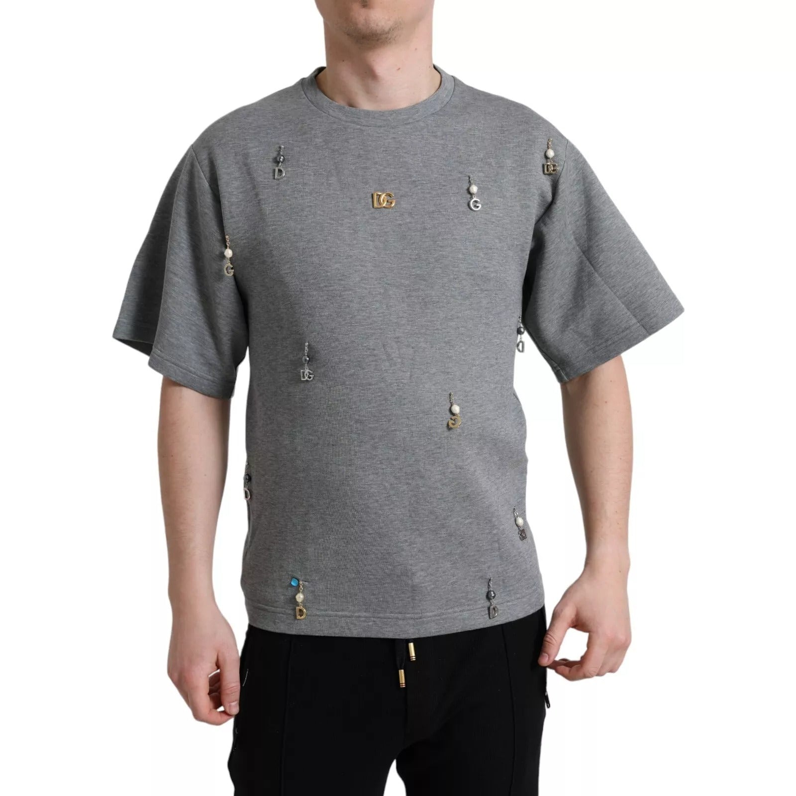 Dolce & Gabbana Gray Cotton Embellished Crew Neck Men's T-shirt (Pre-Owned)