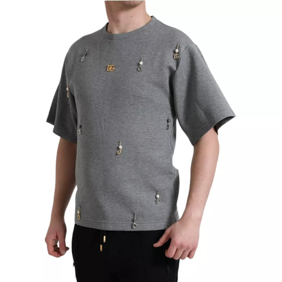 Dolce & Gabbana Gray Cotton Embellished Crew Neck Men's T-shirt (Pre-Owned)