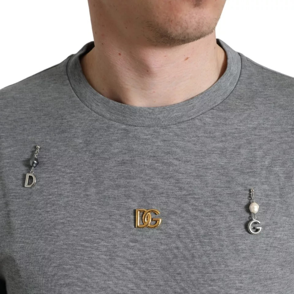 Dolce & Gabbana Gray Cotton Embellished Crew Neck Men's T-shirt (Pre-Owned)