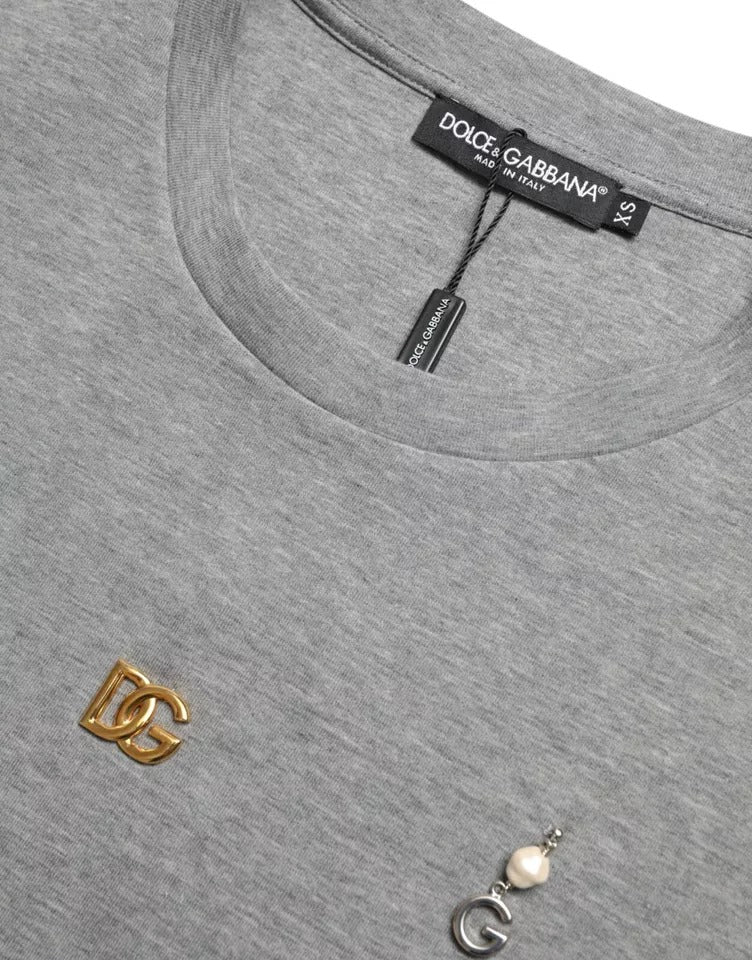 Dolce & Gabbana Gray Cotton Embellished Crew Neck Men's T-shirt (Pre-Owned)