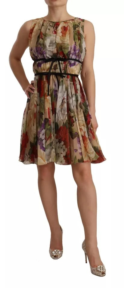 Dolce & Gabbana Beige Floral Sleeveless Round Neck Mini Women's Dress (Pre-Owned)