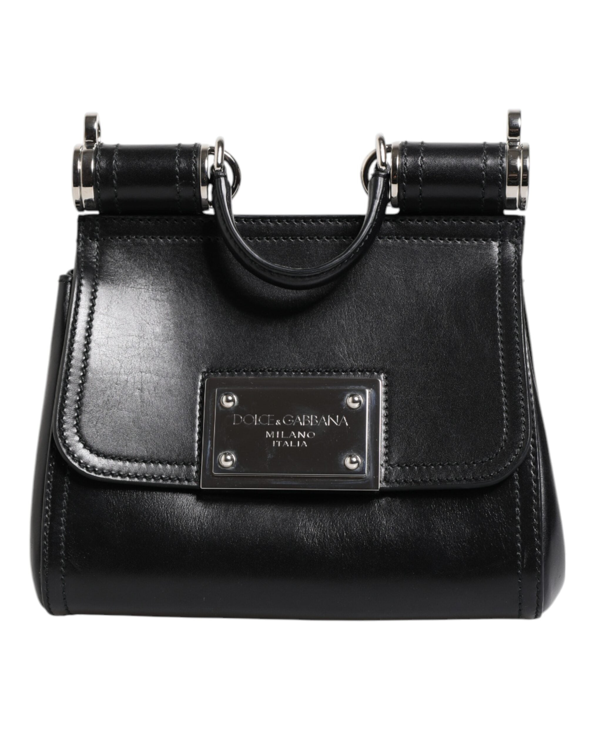 Dolce & Gabbana Black Calfskin Leather SICILY Logo Plaque Top Handle Women's Bag (Pre-Owned)