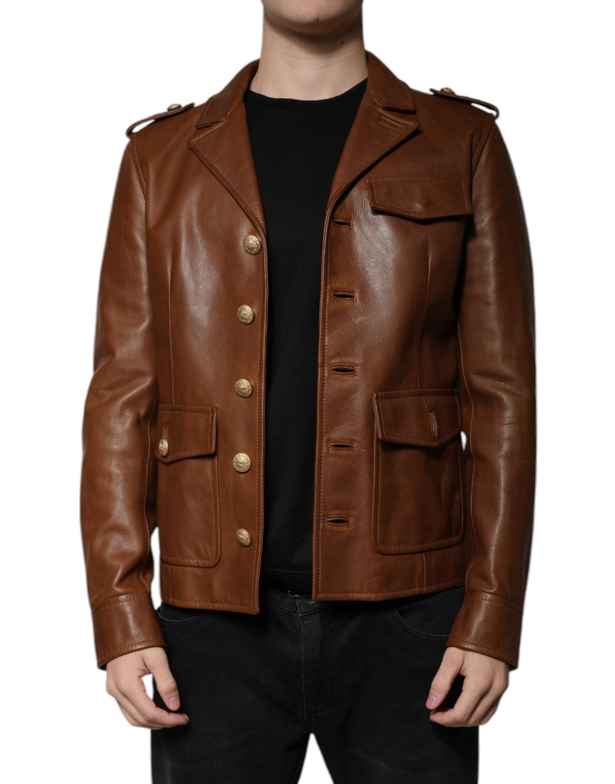 Dolce & Gabbana Brown Calfskin Leather Button Down Men's Jacket (Pre-Owned)
