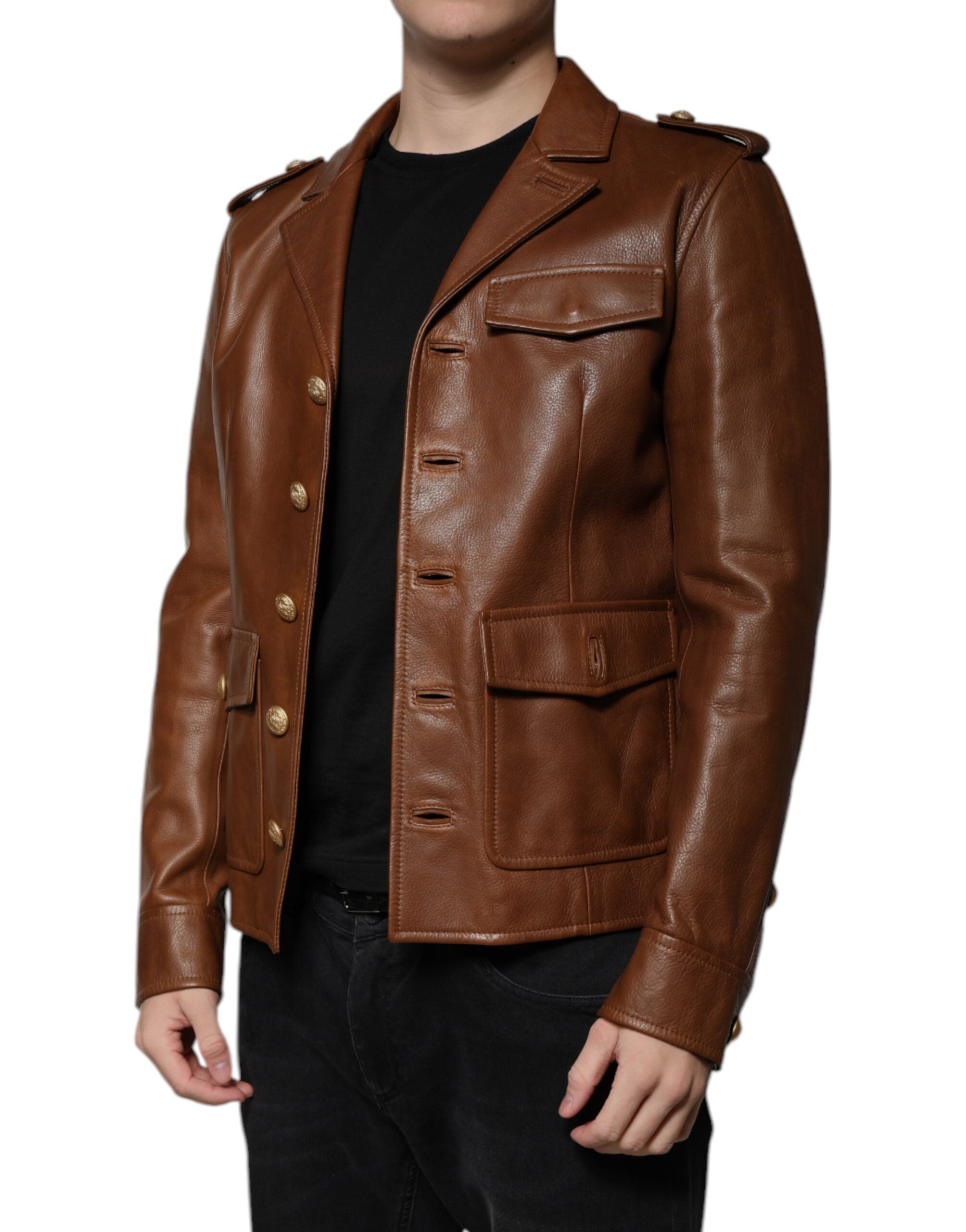 Dolce & Gabbana Brown Calfskin Leather Button Down Men's Jacket (Pre-Owned)