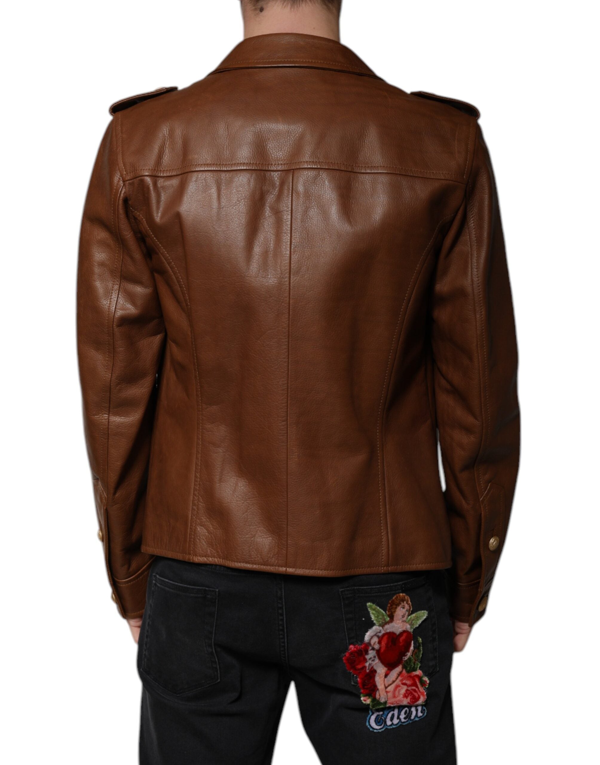 Dolce & Gabbana Brown Calfskin Leather Button Down Men's Jacket (Pre-Owned)