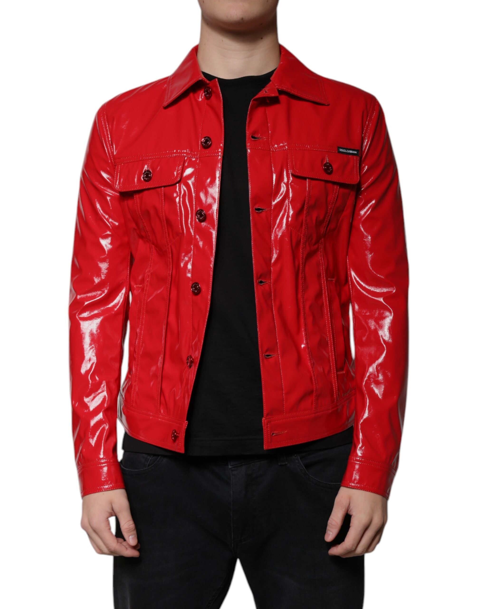 Dolce & Gabbana Red Polyester Button Down Collared Men's Jacket