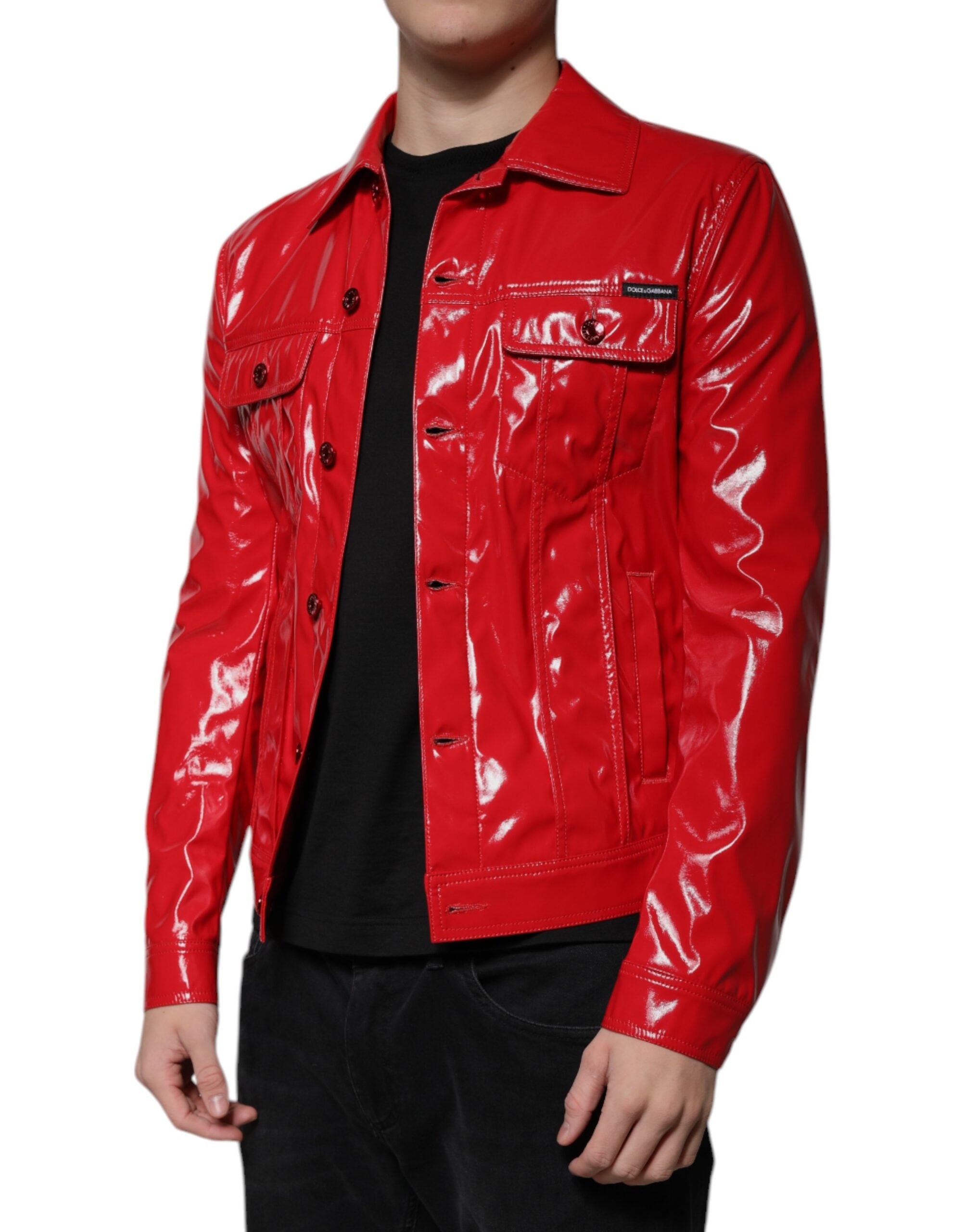 Dolce & Gabbana Red Polyester Button Down Collared Men's Jacket