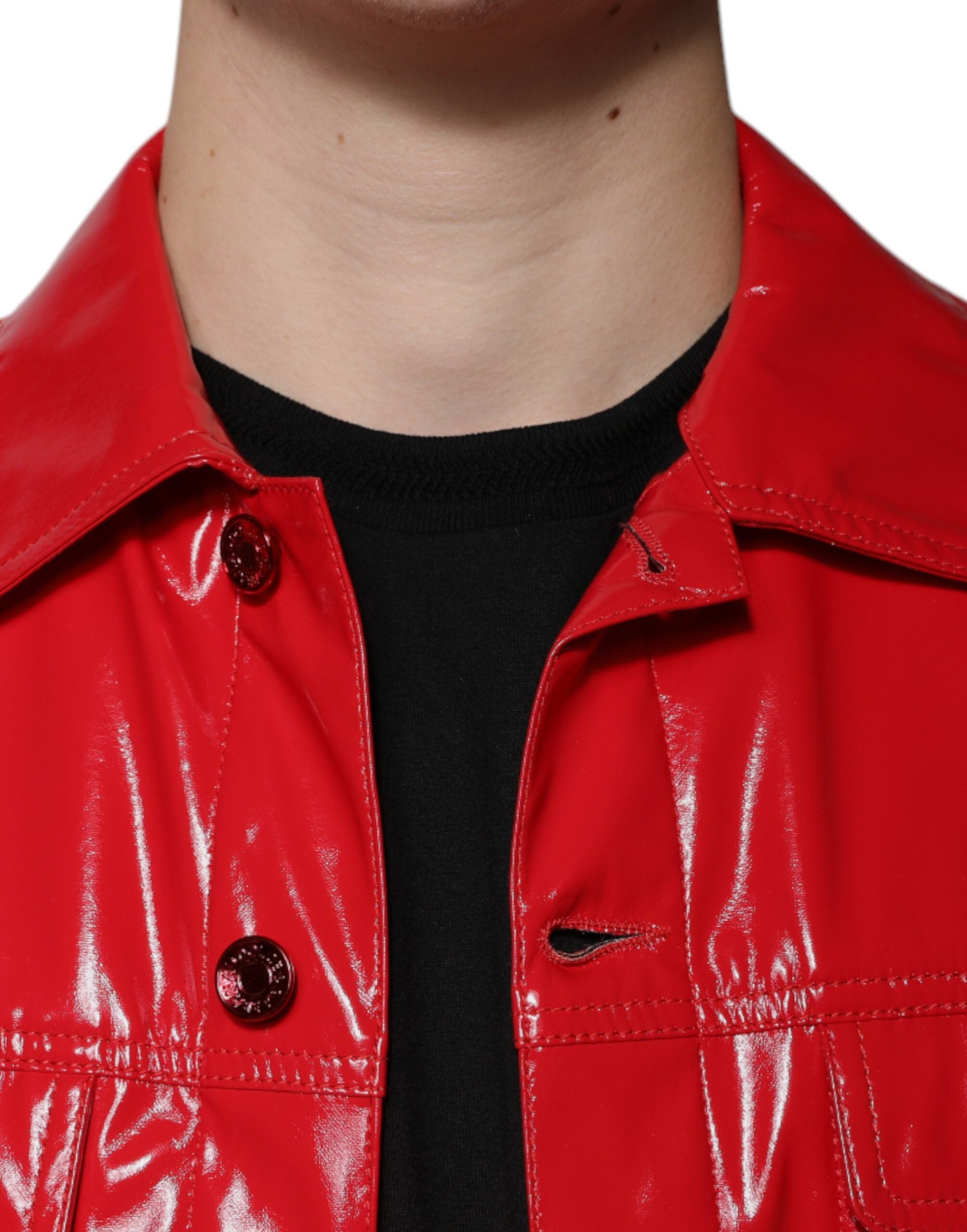 Dolce & Gabbana Red Polyester Button Down Collared Men's Jacket